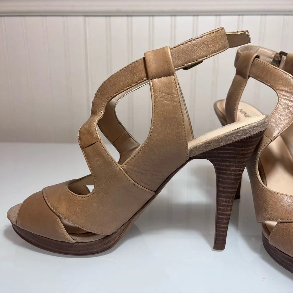 Nine West Marcalie Tan Leather Platform Sandals Strappy Peep Toe Block Heel sz 9